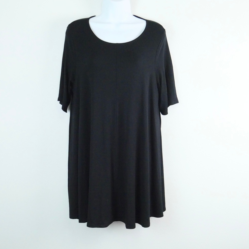 Eileen Fisher Black Short Sleeve Scoop Neck Tunic Top Large Jersey Knit Minimal